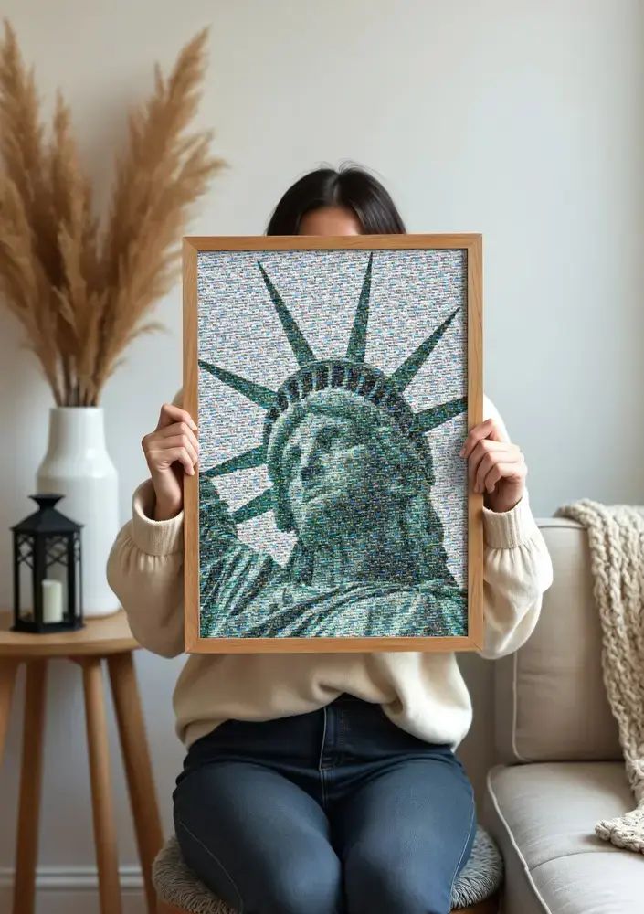 Mosaïque photo de la statue de la Liberté encadrée en bois au salon, un cadeau souvenir de New York
