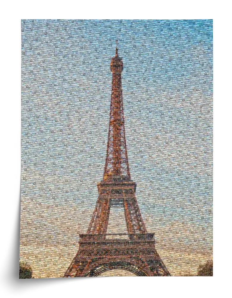 Poster vertical sans cadre de la tour Eiffel en mosaïque photo, composé de nombreuses petites images