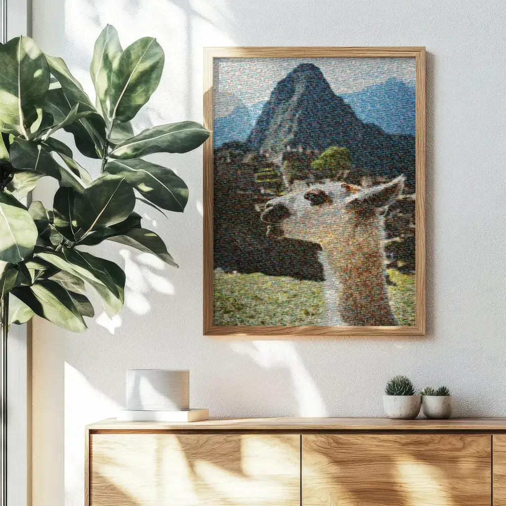 Mosaïque photo encadrée de lamas au Machu Picchu au-dessus d'un buffet, un souvenir de voyage à offrir aux amis